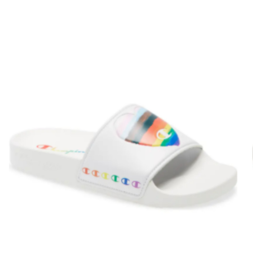 LBGTQ PRIDE SANDALS WHITE RAINBOW SLIDES CHAMPION FLIP FLOPS PRIDE HEART NEW 11M